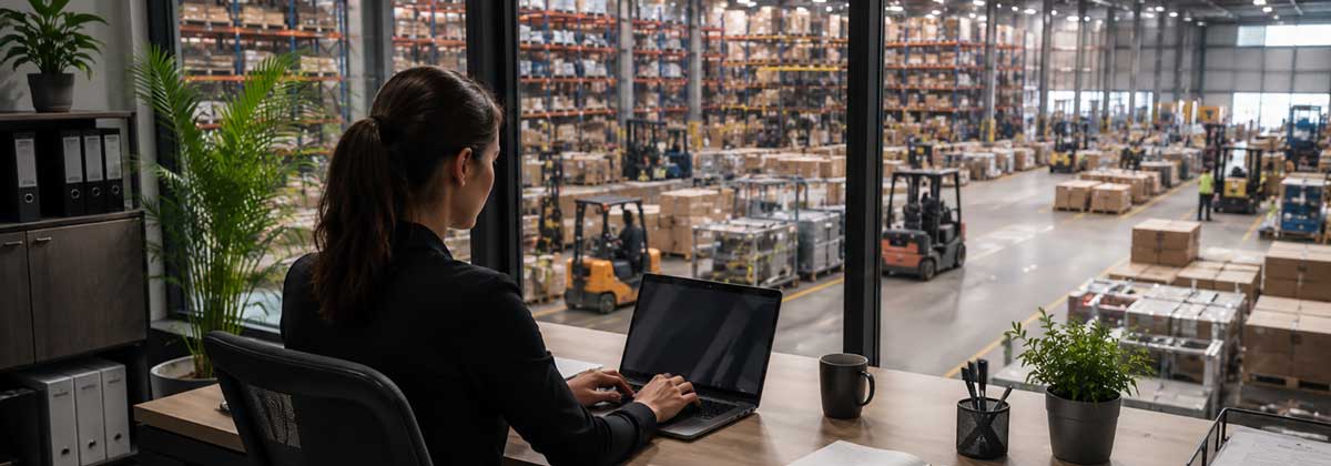 UK office overlooking a busy warehouse environment